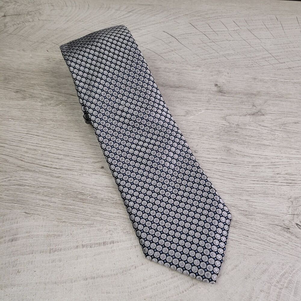 JZ Richards Boulder Gray Silver Geometric Mens Tie Silk Handmade USA EUC